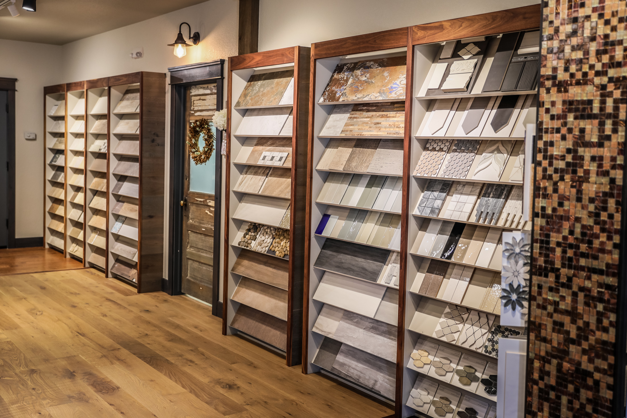 Curated tile displays in the SCF Loveland showroom